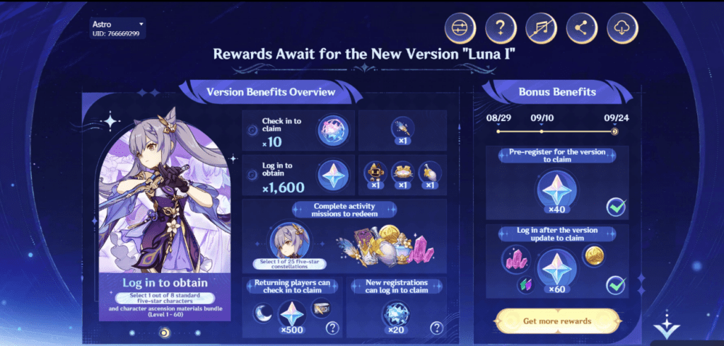 Genshin Impact in-game mail showing Primogems rewards from redeem codes