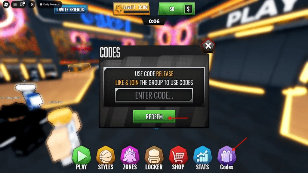 Step-by-step Basketball Zero code redemption screen showing where to enter active codes