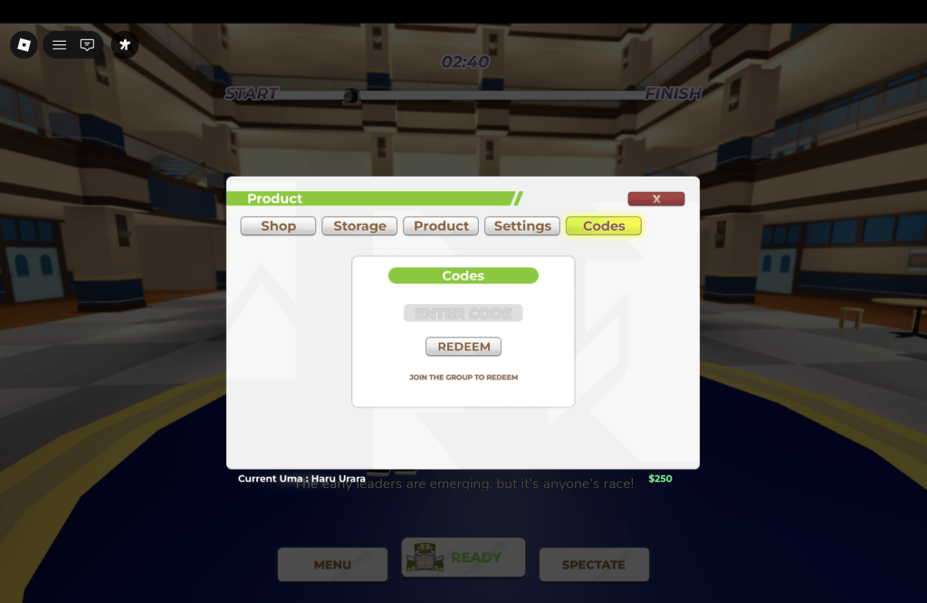 Uma Racing code redemption tutorial showing menu navigation and code entry steps