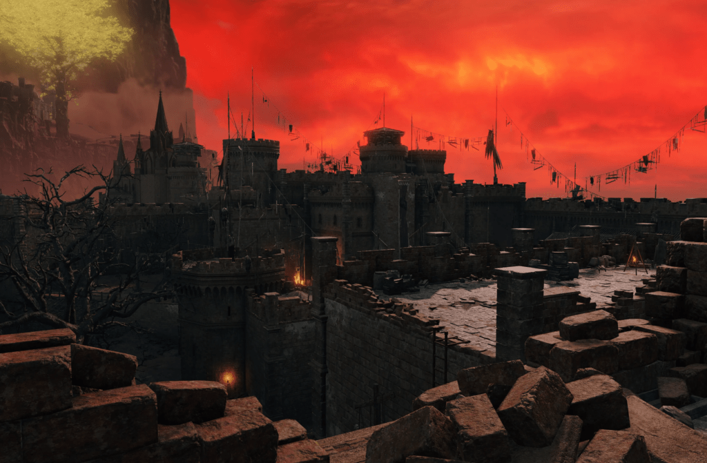 Redmane Castle transformed during Radahn Festival with NPCs gathered before battle