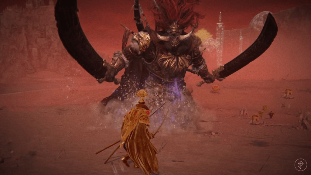 Player maintaining mid-range distance on Torrent while Radahn pressures summoned allies