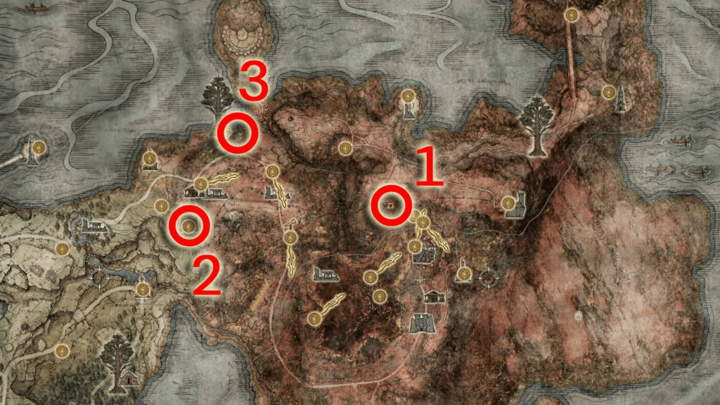 Elden Ring map highlighting somber weapon upgrade locations and linear progression path