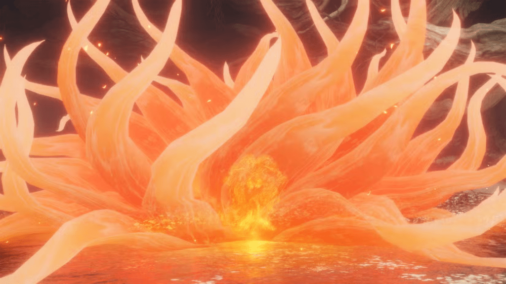 Fire-based attack striking Malenia showing neutral damage without strong resistance advantage