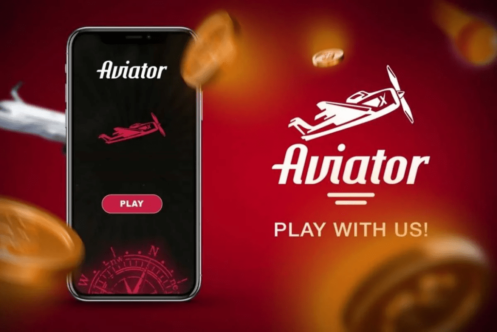 Aviator crash game mobile screen with red airplane, coins, and play button