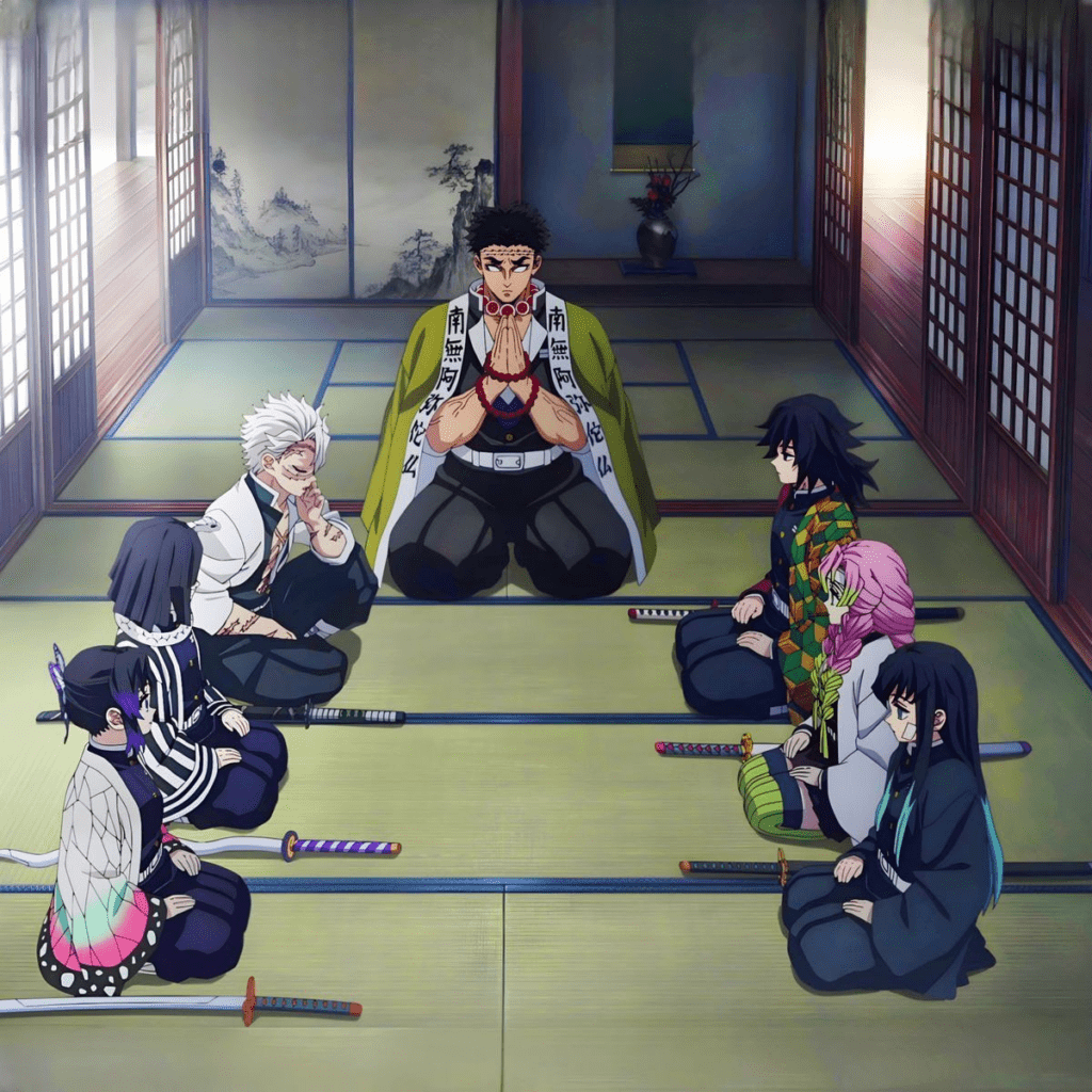 Hashira meeting scene emphasizing leadership and battle experience