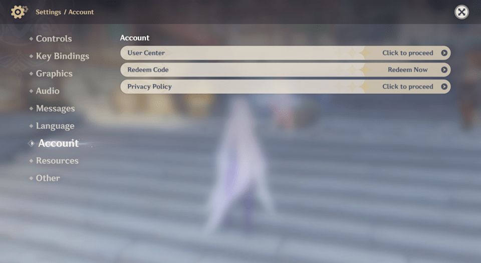 Redeem code option inside Genshin Impact client interface